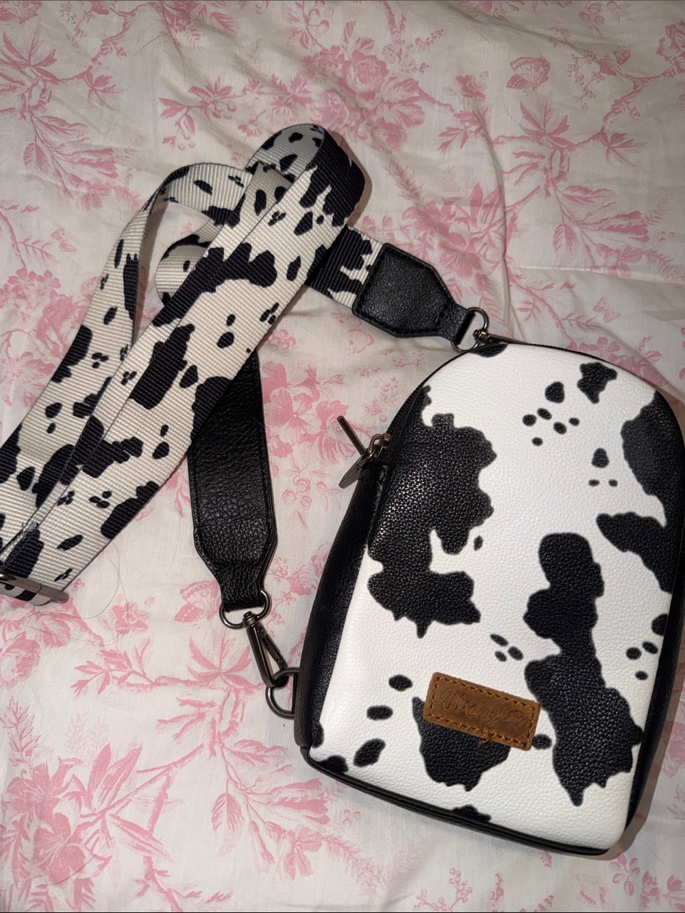 Cow-Print Crossbody Bag with Wide Strap - Black & White wrangler